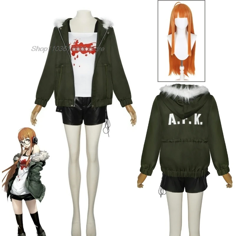 Futaba Sakura Cosplay Costume Wig Headphone Prop Glasses Halloween Game Persona 5 Uniform Casual Coat Jacket Shirt Customized