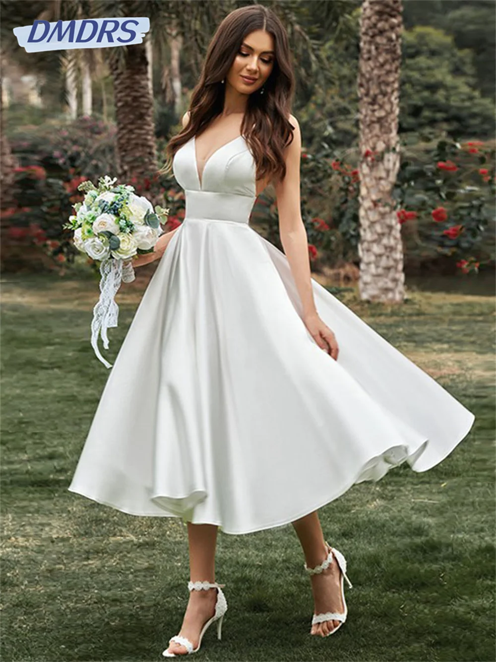 Short Wedding Dress 2023 Spaghetti Straps V Neck Backless Midi Sexy Wedding Gowns Satin A Line Tea Length Simple Robe De Mariée