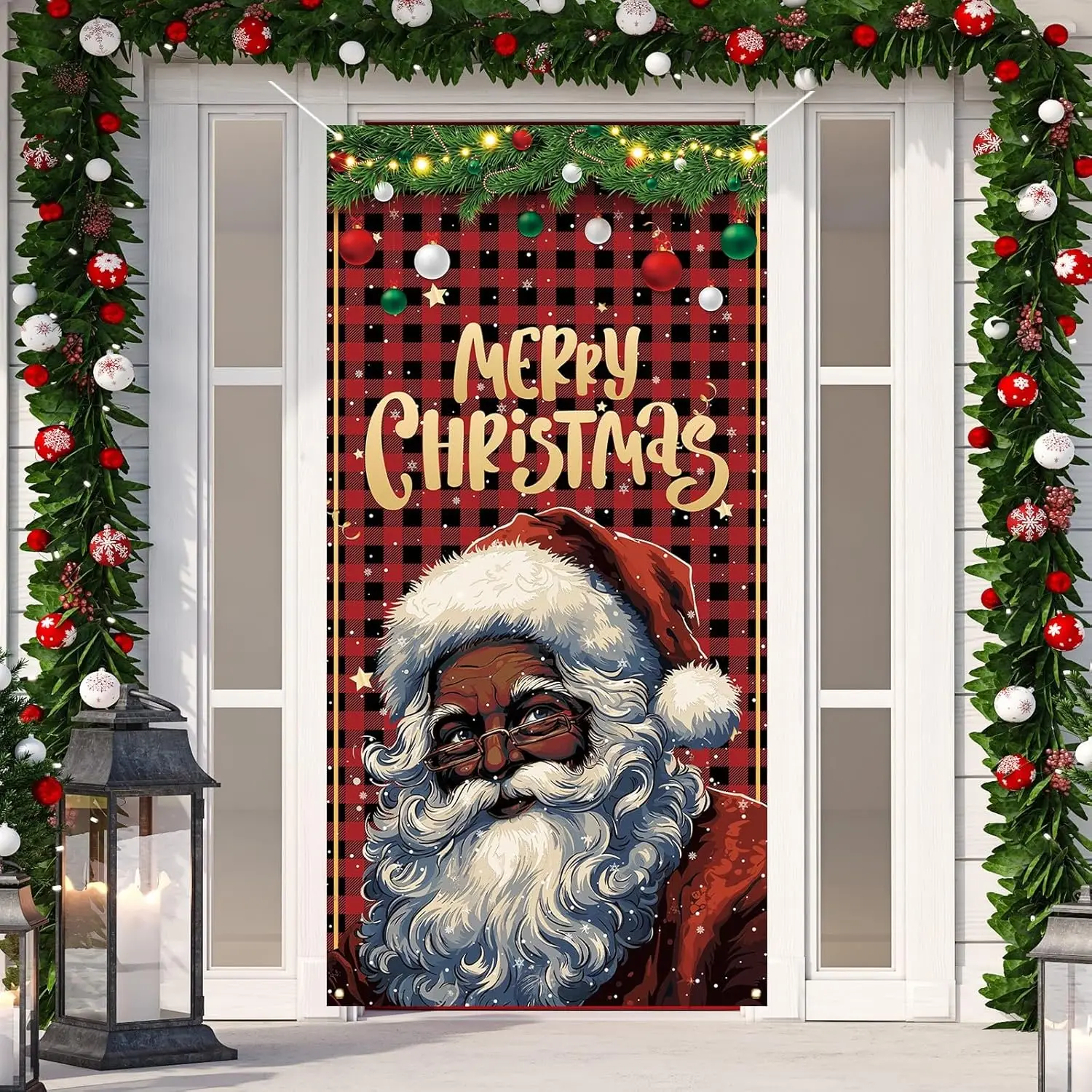 Rote und schwarze Büffelkaro-Karo-Weihnachtsmann-Türabdeckung – Frohe Weihnachten-Hintergrund – afroamerikanische Weihnachtsdekorationen und Zubehör
