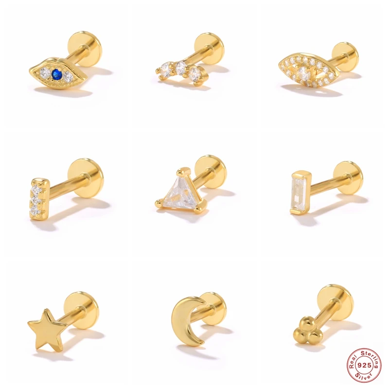 2pcs 피어싱 Aretes 925 스털링 실버 스터드 귀걸이 블링 지르콘 스타 문 눈 미니 작은 연골 귀걸이 여성 Jewerly