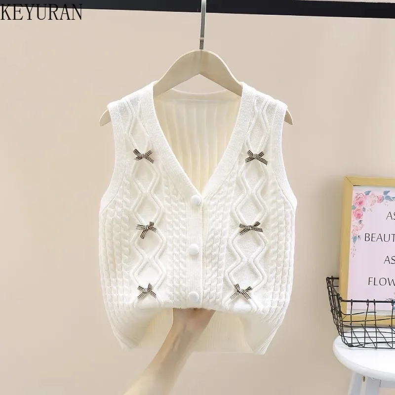 French Sweet Bow Knitted Cardigan Vest Women\'s 2024 Autumn Vintage Slim Fit V-neck Sleeveless Sweater Vest Crop Tops Y2k Clothes