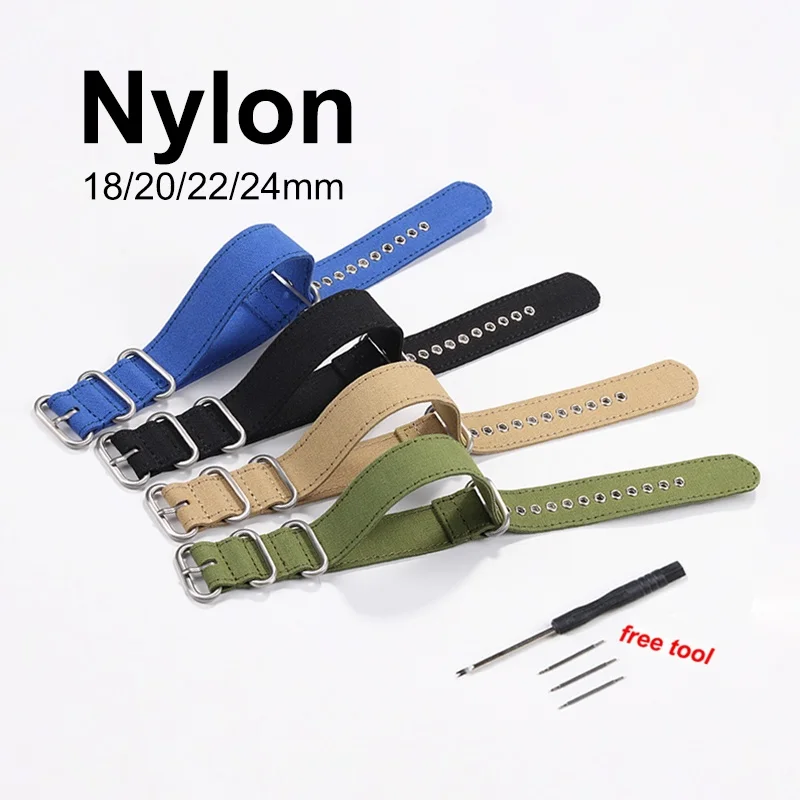 18mm 20mm 22mm 24mm Nylon Watch Strap One Piece Universal Canvas Sport Band Metal Ring Bracelet for Seiko for Rolex Wristband