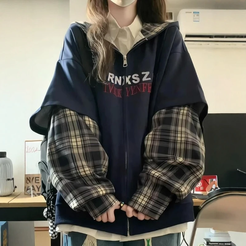 

Large Size 300 Pou Plaid Patchwork Hooded Cardigan Sweatirt Men's Loose Fit Autumn Winter Lazy Sle Jaet Youth Faion