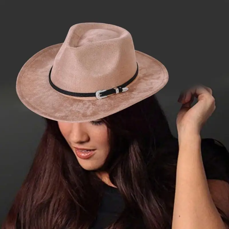 

B95F Elegant Homburg Top Hat with Wide Brimmed Unique Silver Buckles for Outdoor