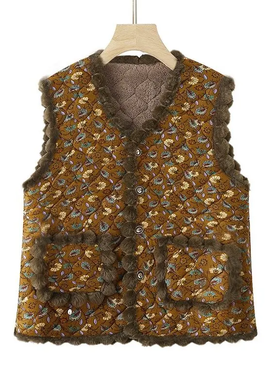 2025 Autumn Winter Thiened Floral Print Fce Lined Vest for Middle-Aged And ly Women Faionable Mommy Sle Jaet