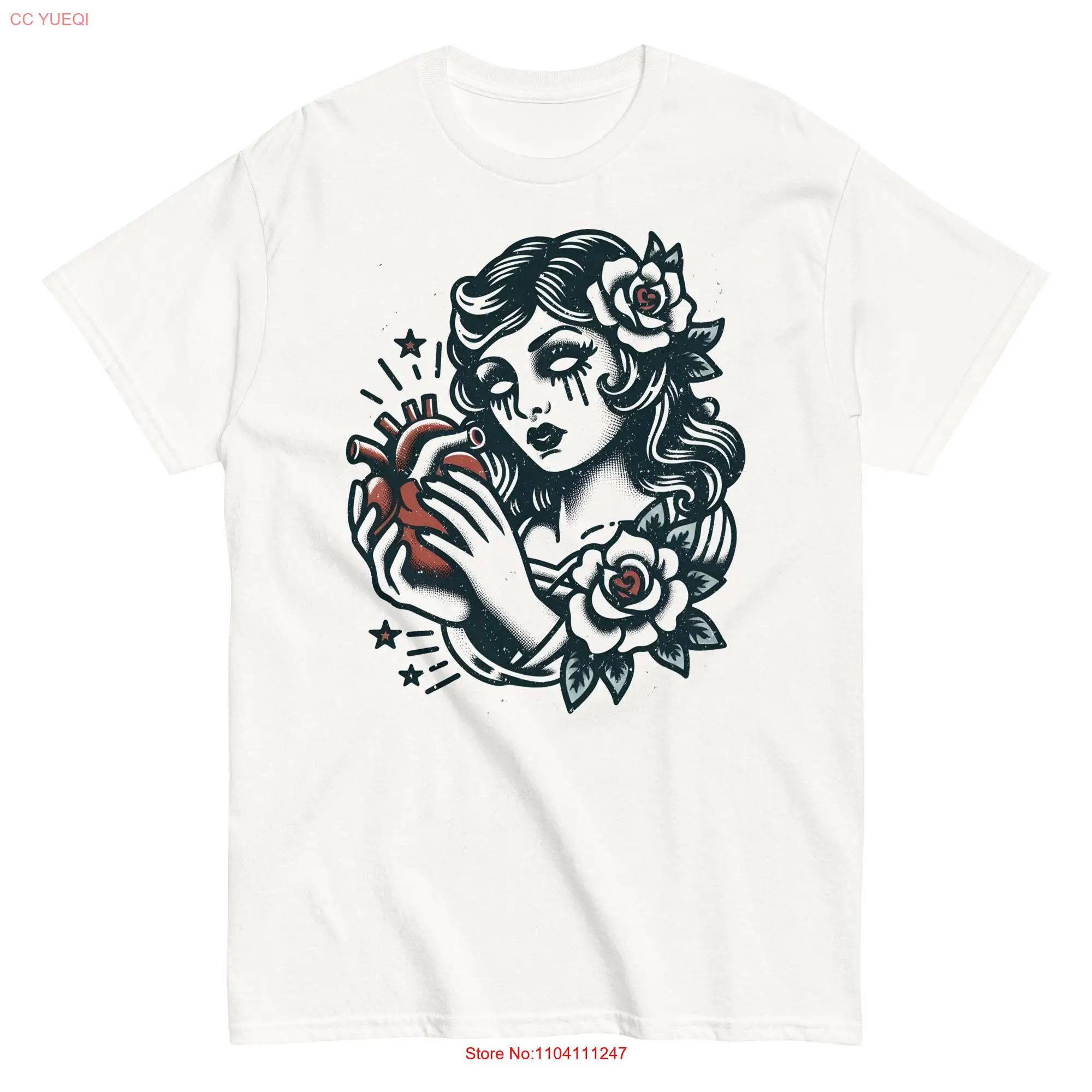 Girl and Heart T Shirt Tattoo Design Streetwear Edgy Traditional Style Old School Flash Art long or short sleeves