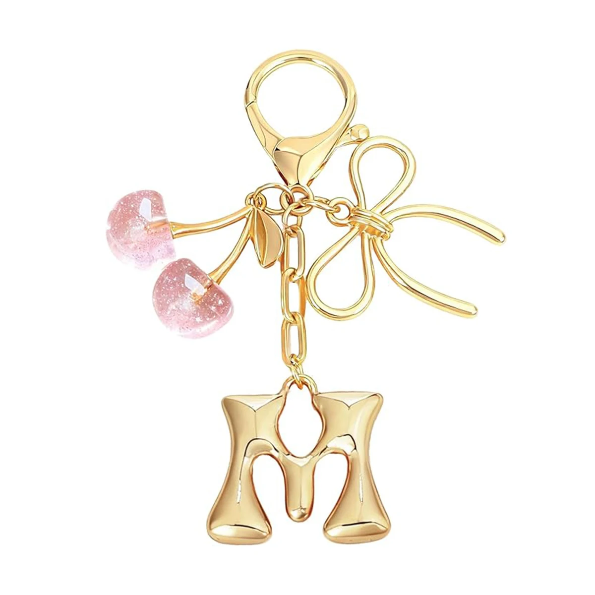 Gold Letter Bubble Initial Keychain with Bow & Cherry, Cute Handbag Accessory