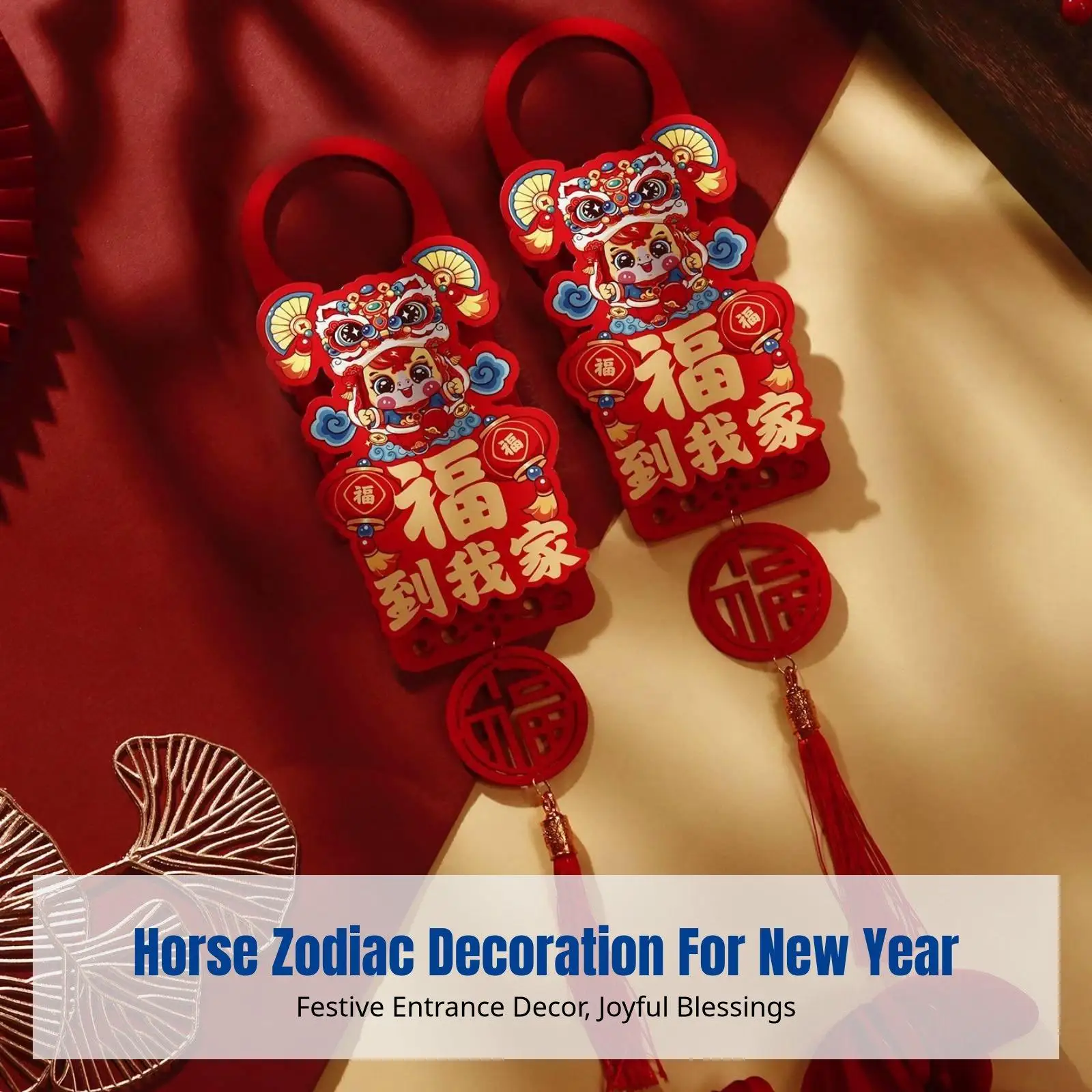 Lucky Horse Door Hanger Festival Decor for Chinese New Year Hanging Ornament with Fu Char Red Yellow Flocked Fabric Paper Card