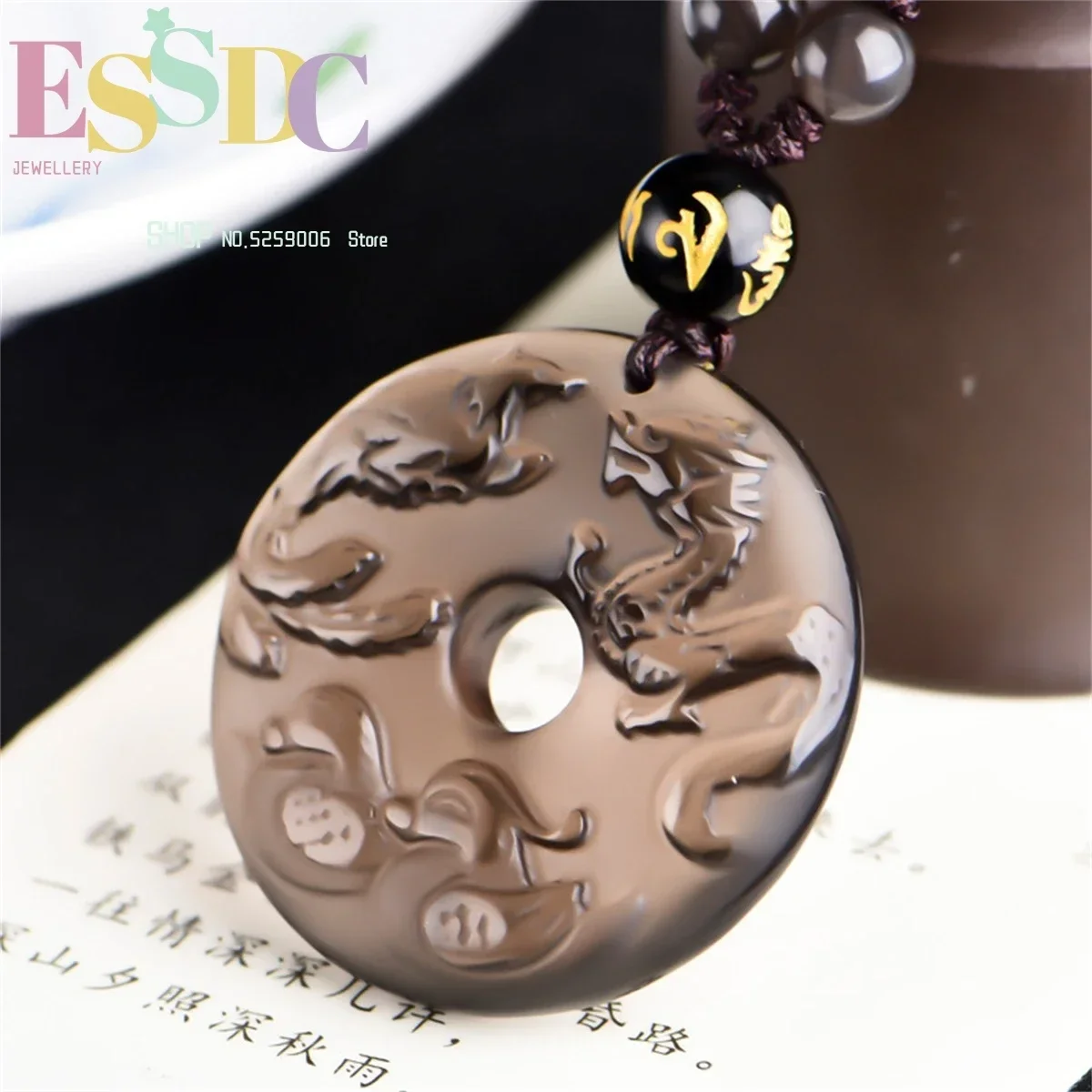 Chinese Natural Ice Obsidian Dragon Phoenix Mandarin Duck Wedding Pendant Peach Blossom Lucky Women Necklace Wholesale Jewelry