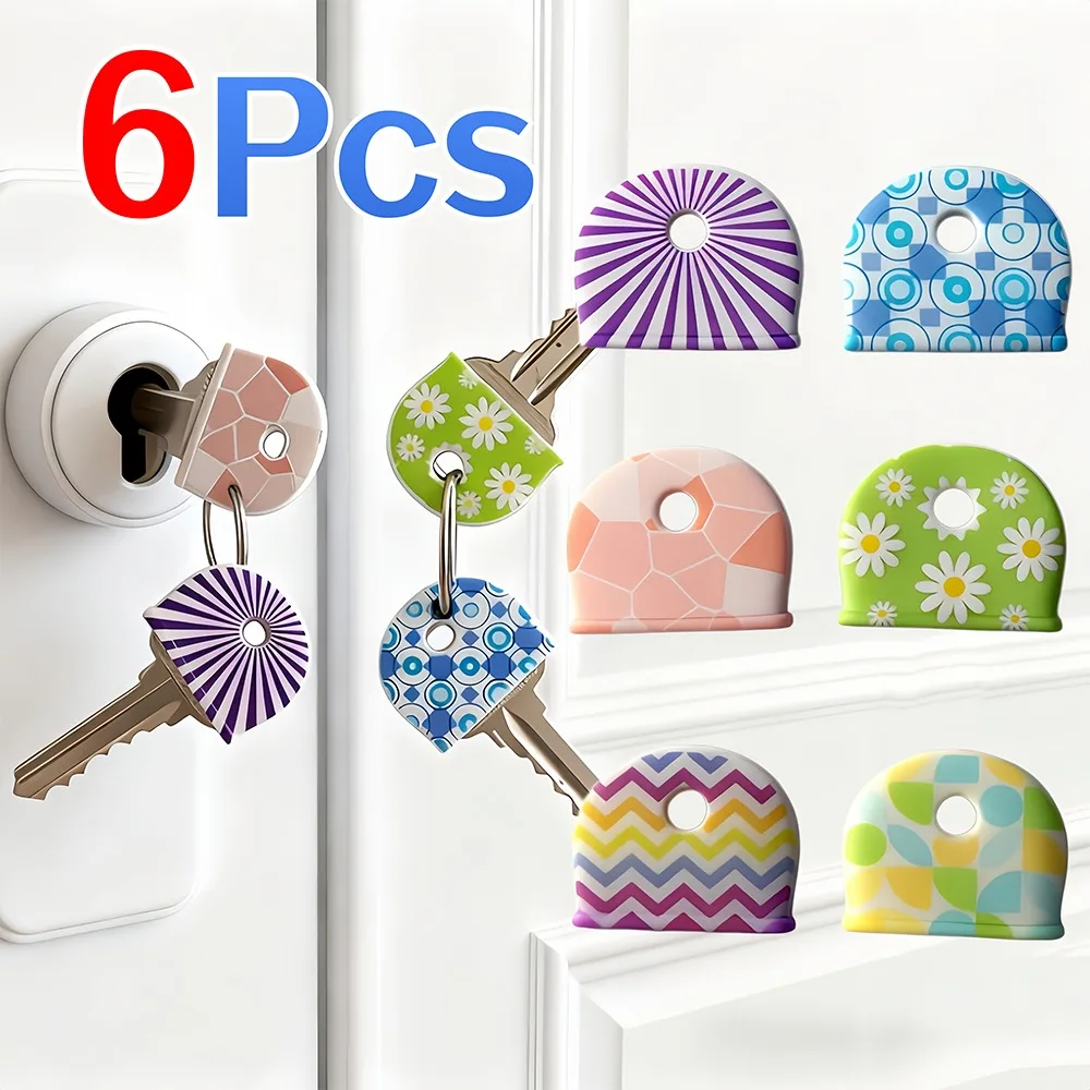 6Pcs Silicone Key Identifier Cap Round Flower Line Pattern Non-Slip Key Protective Cover Durable Household Key Chain Accessory