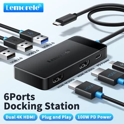 Lemorele TC122 USB C HUB Dual HDMI 4K Docking Station USB 3.0 PD 100W ประเภท C พอร์ตสําหรับ MacBook iPad M2 M1 Steam Deck