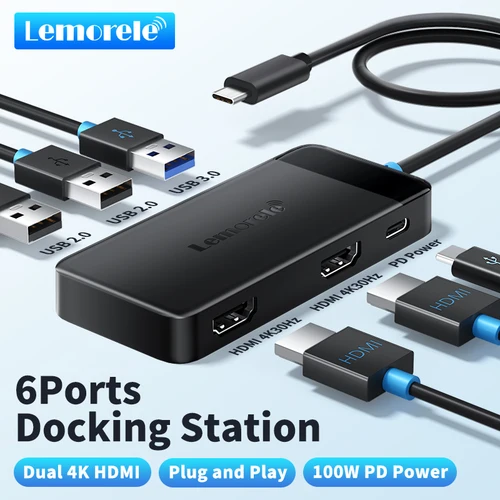 Imagen 1 del producto Lemorele TC122 USB C HUB, Estación de Conexión Dual HDMI 4K, Puerto USB 3.0 PD 100W Tipo C para Macbook, iPad M2 M1, Steam Deck
