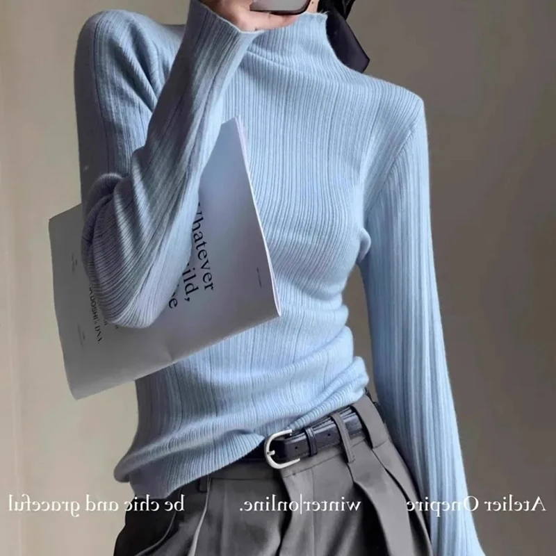 Women Blue Mock Neck Knit Sweater Soft Slim Long Sleeve Solid Pullover Spring Fall Striped Classic Simple Top Harajuku Y2K Tee