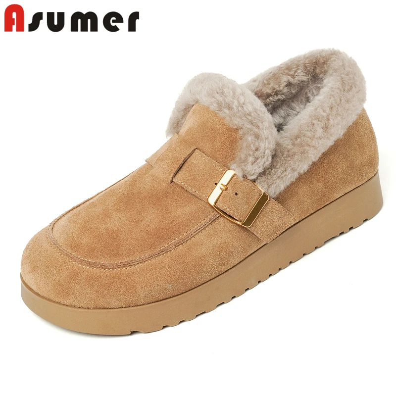 

ASUMER 2025 New Suede Winter Shoes Handmade Wool Warm Women Loafers Fashion Ladies Flats Black Blue Female Flat Shoes
