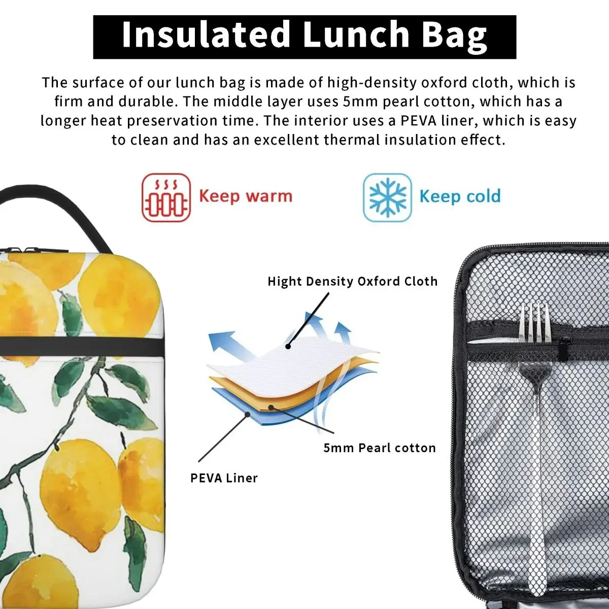Hand Painted Yellow Lemon Watercol Insulated Lunch Bag for Kids School Cooler Thermal Food Box Tote Lunch Boxes Container
