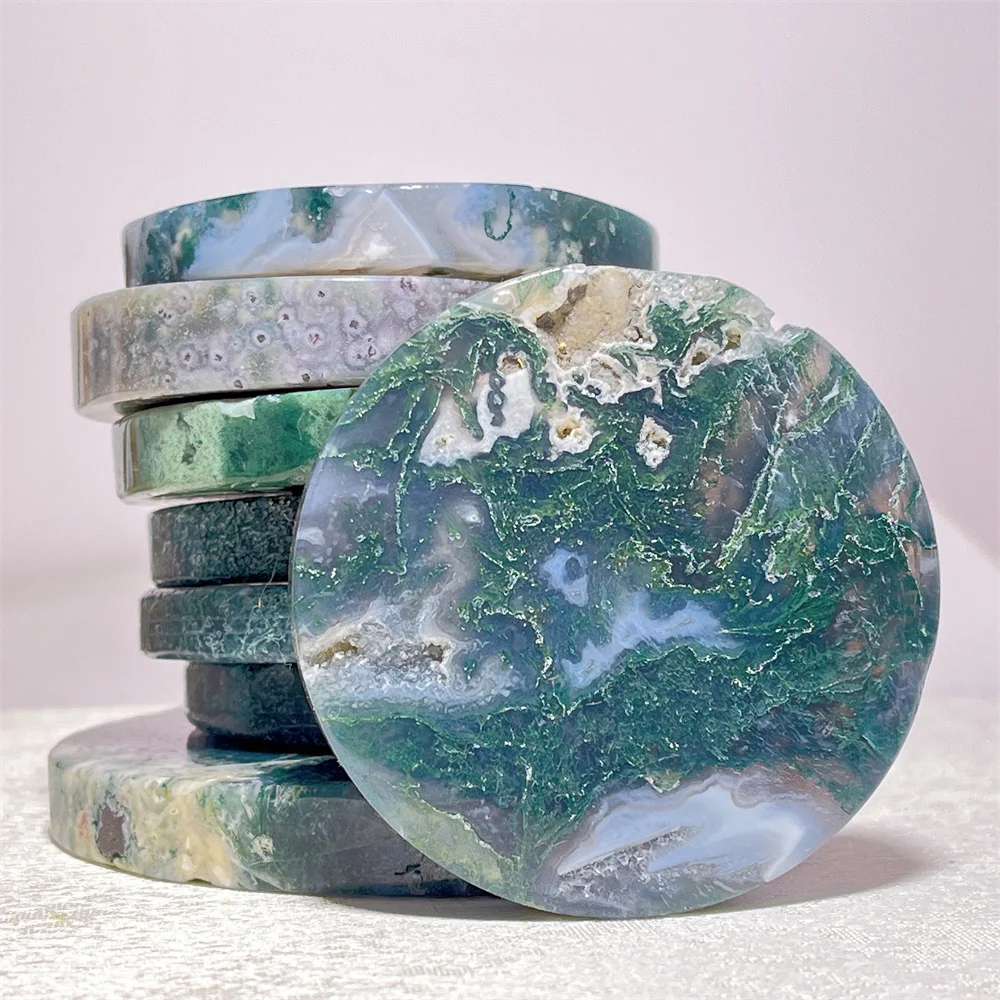 Crystal Natural Moss Agate Slab Slice Stone Quartz Reiki Carving Healing Mineral Specimen Home Stone Decoration Energy +Stand