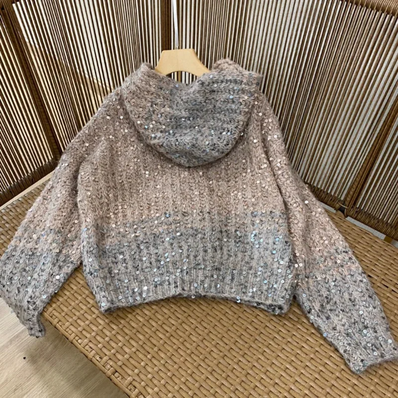 High-end sequins cardigans knitted hooded sweaters handmade women early spring gradient color matching loose long-sleeved coats