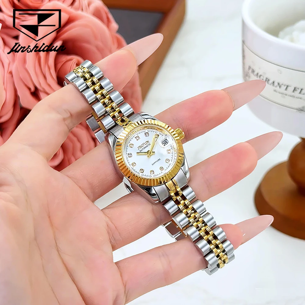 JSDUN Women's Watches Luxury Fashion Stainless Steel Original Automatic Mechanical Wristwatch for Lady Waterproof Luminous Date