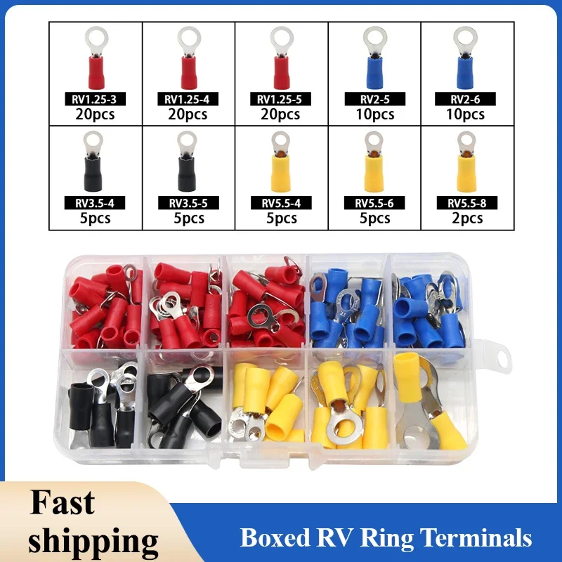 (102pcs/lot RV) Insulated Ring Terminals Electrical Wire Crimp Connector Kit Set With Box Copper Wire Cord Pin End Butt