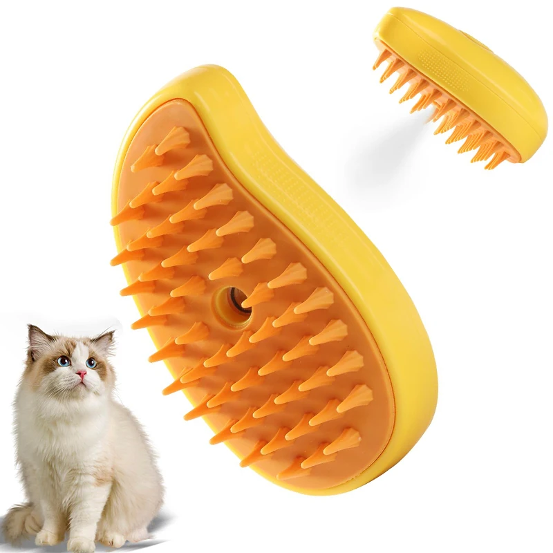 Cat Steam Brush, 3-In-1 Cat Steam Brush, Silicone Massage Beauty Brush, Cat And Dog Pet Hair Cleaning Brush Comb,Mango Shape