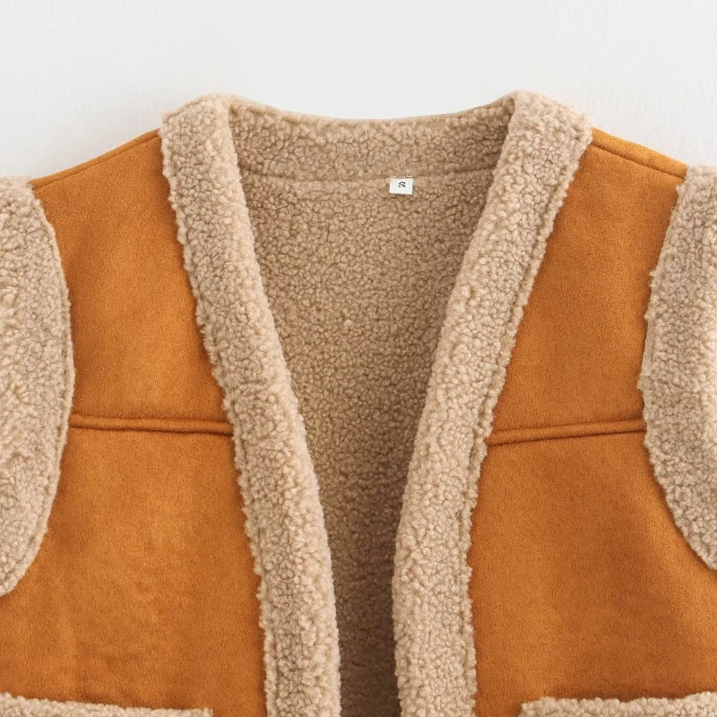 女性の冬用 V ネック ブラウン フェイクファー ベスト 毛皮のようなジャケット ふわふわ ノースリーブ カジュアル レザーとファー カーディガン プラッシュ コート フェイクラム