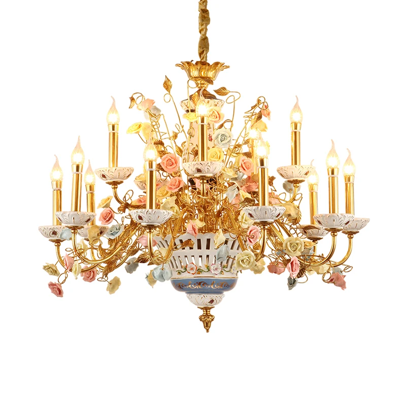 French Vintage Ceramic Flowers Brass Chandelier European Classic Villa Foyer Living Room Dome Copper Large Pendant Light