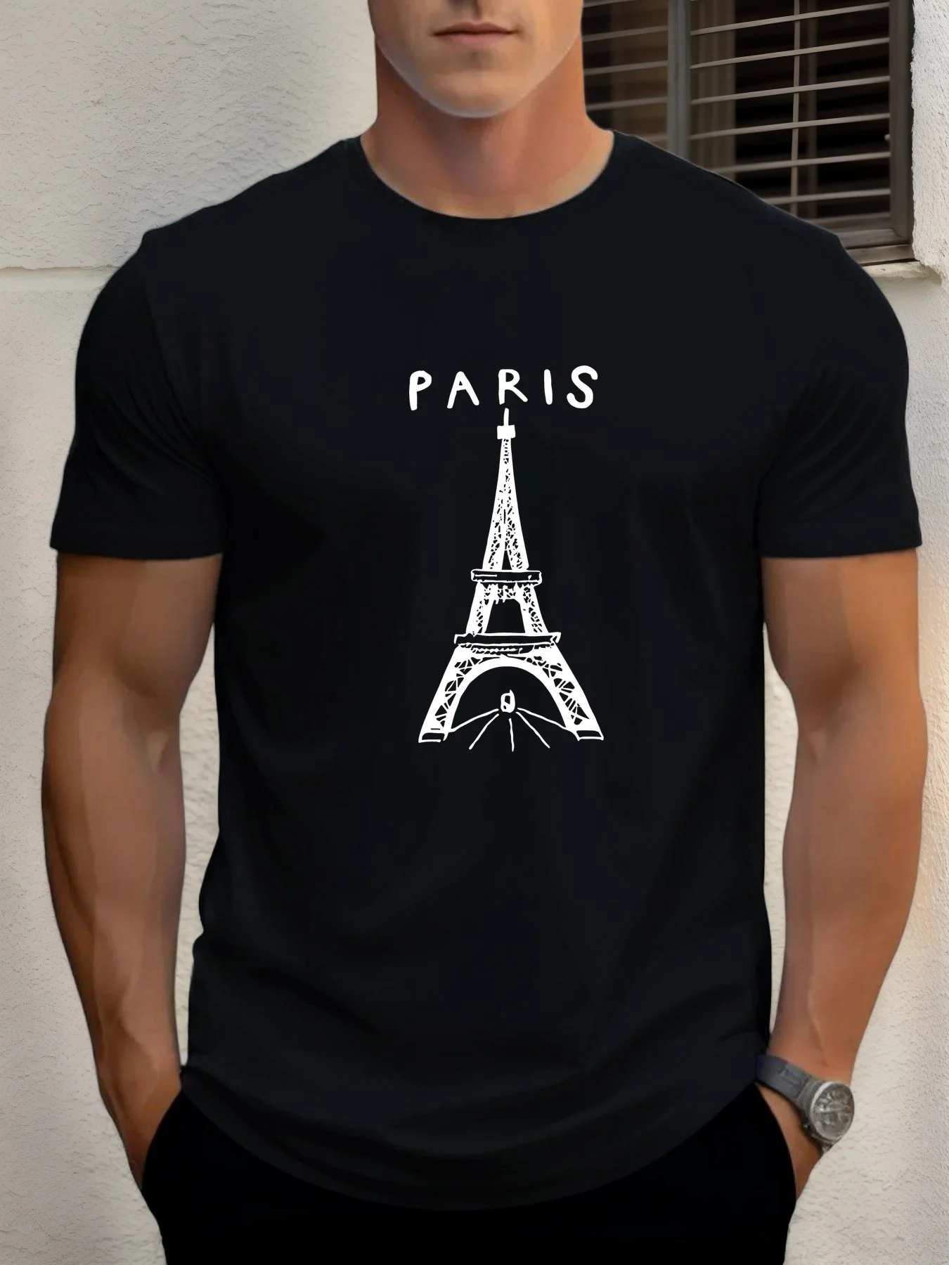 

Мужская повседневная футболка с рисунком Парижа Эйфелевой башни — темно-синяя летняя футболка с короткими рукавами и круглым вырезом, легкая дышащая футболка