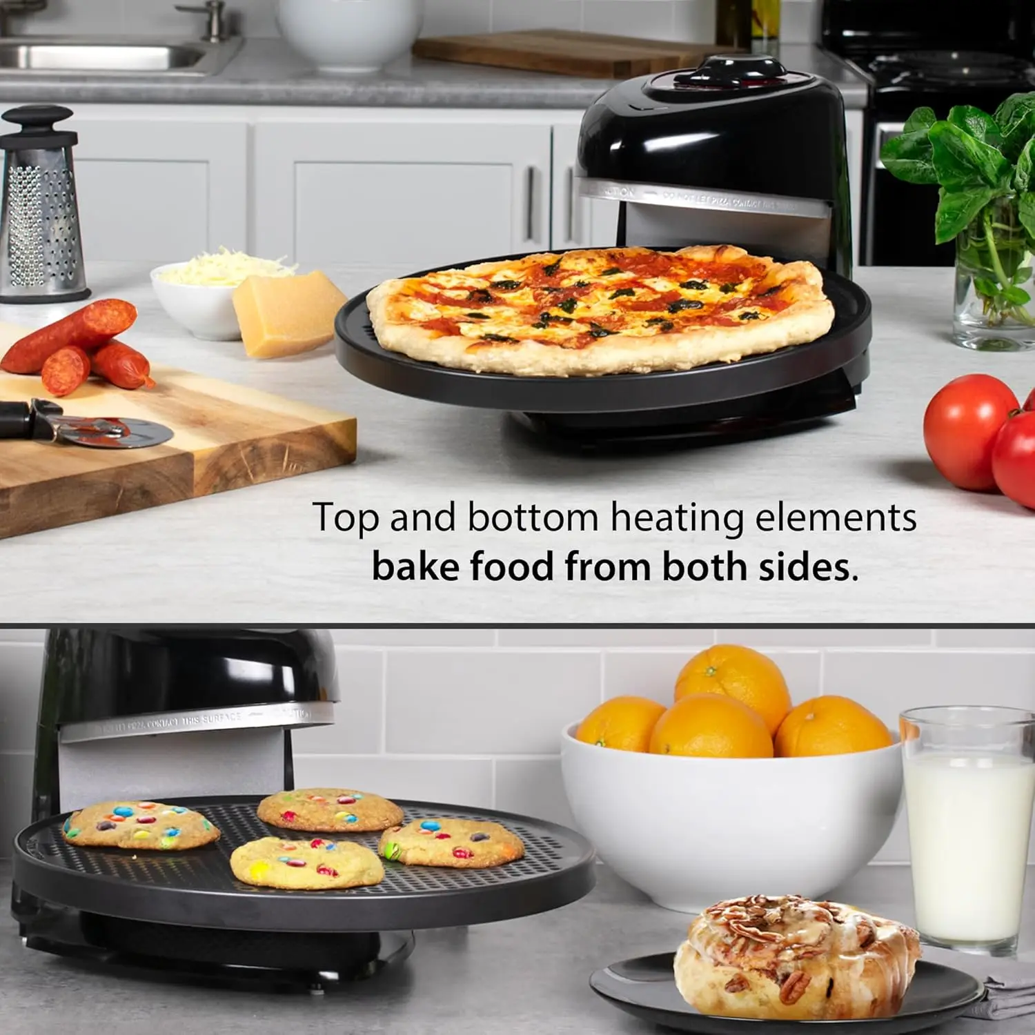 Black Rotating Oven with Dual-Temperature Control, Compact Design for Efficient Baking and Roasting