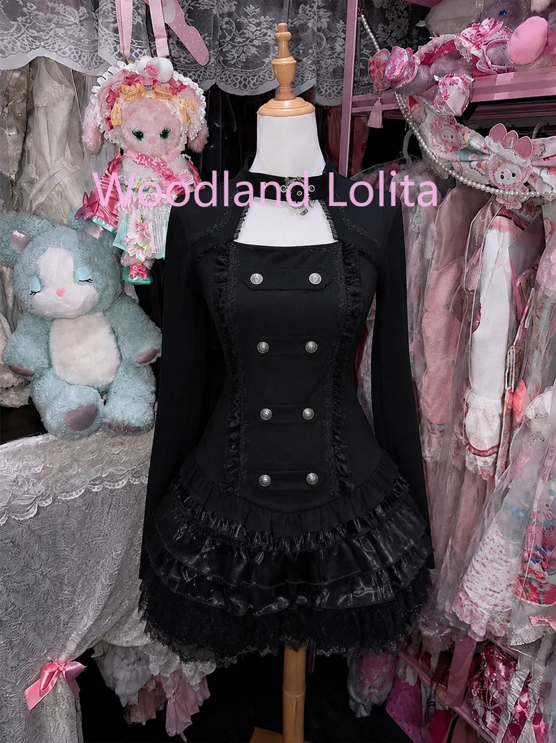 Jirai Kei Gothic Lolita Dark Sweet 2 Piece Set Women Long Sleeve Lace Ruffle Tiered Skirt Bowknot Cross Slim Fit Mini Dress Set