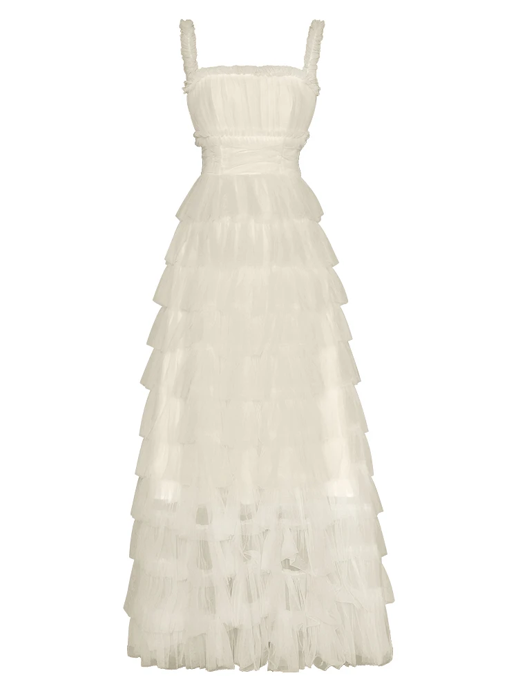 Backless SLIP Lady ชุดยาว 2025 ฤดูร้อนสปาเก็ตตี้สายคล้องคอเอวตาข่าย Ruffled ผู้หญิงเค้ก X-ยาวชุดสีชมพู