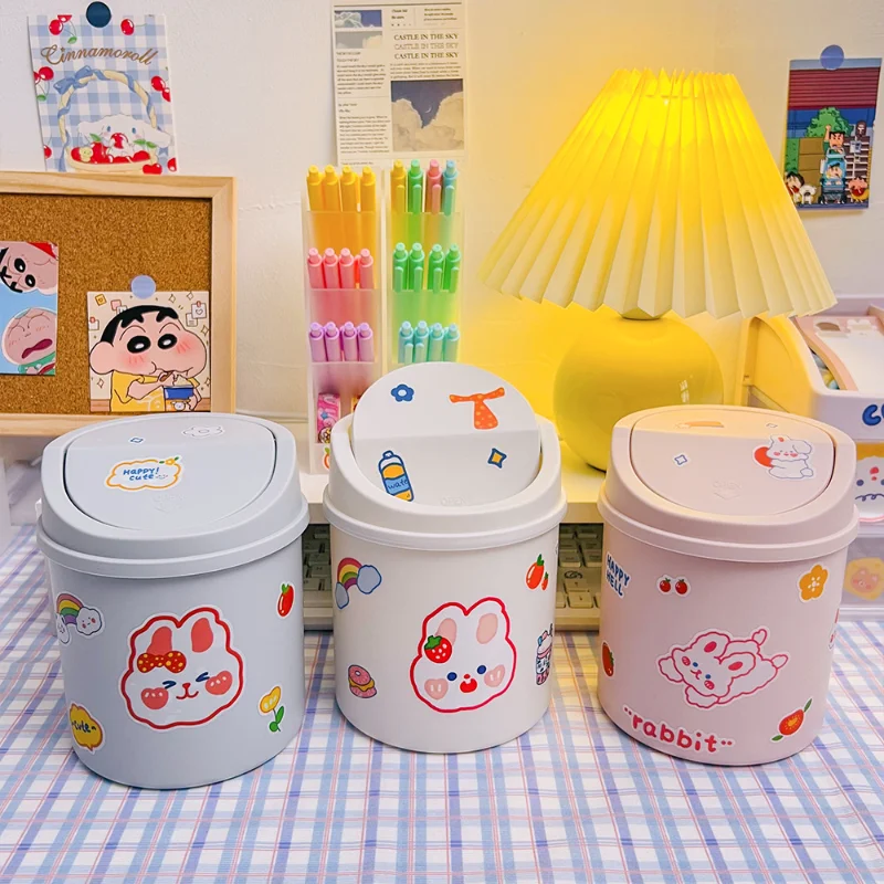 Desktop Mini Trash Can Organizer Kawaii Pencil Holder Cute Cartoon Student Desk Garbage Can Storage Bin with Lid Storage Box