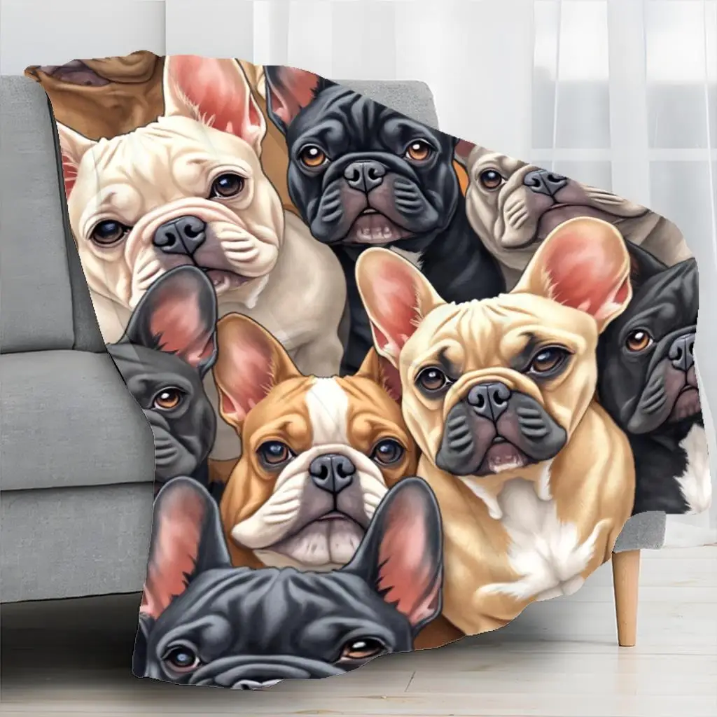 Charming French Bulldog Juggling Blanket, Featuring an Adorable Cartoon Frenchie Face. Made from Soft Polyester Flannel, This Bl