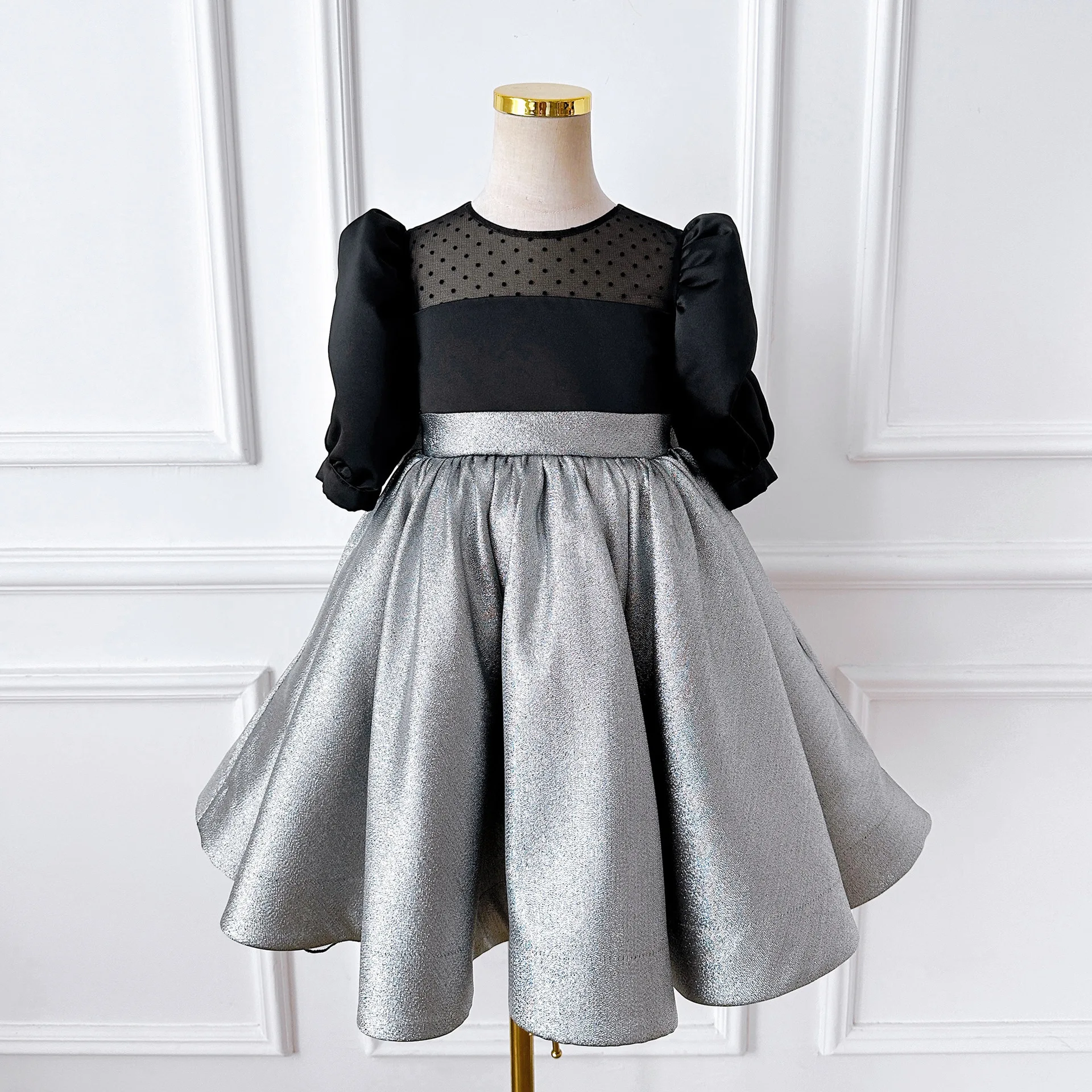

Girls' dress European and American style piano performance light luxury silver tutu skirt spring bubble five-quarter sleeve host