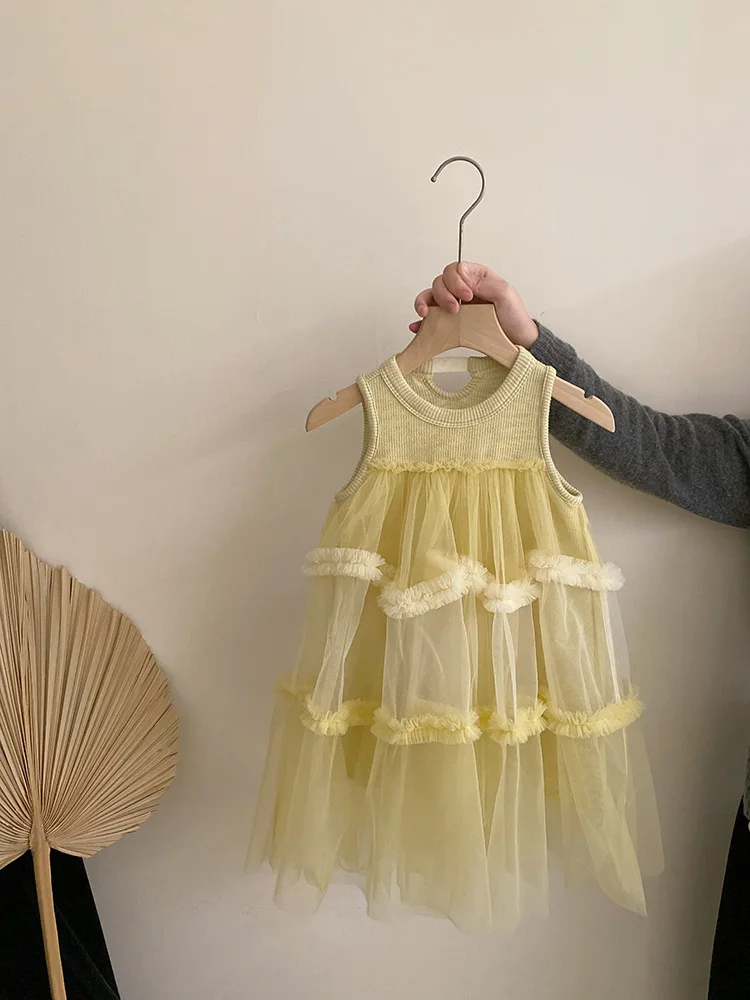 Vestido de hadas para niña, novedad de verano 20225, vestido elegante sin mangas de retazos de malla, vestido de princesa elegante para niños