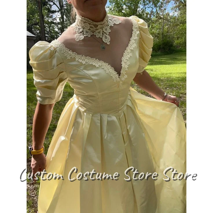 

Желтое великолепное викторианское вечернее платье с высоким воротом по индивидуальному заказу, тюль с короткими рукавами и V-образным вырезом, аппликация из бисера, трапециевидный подол, плиссированный подол