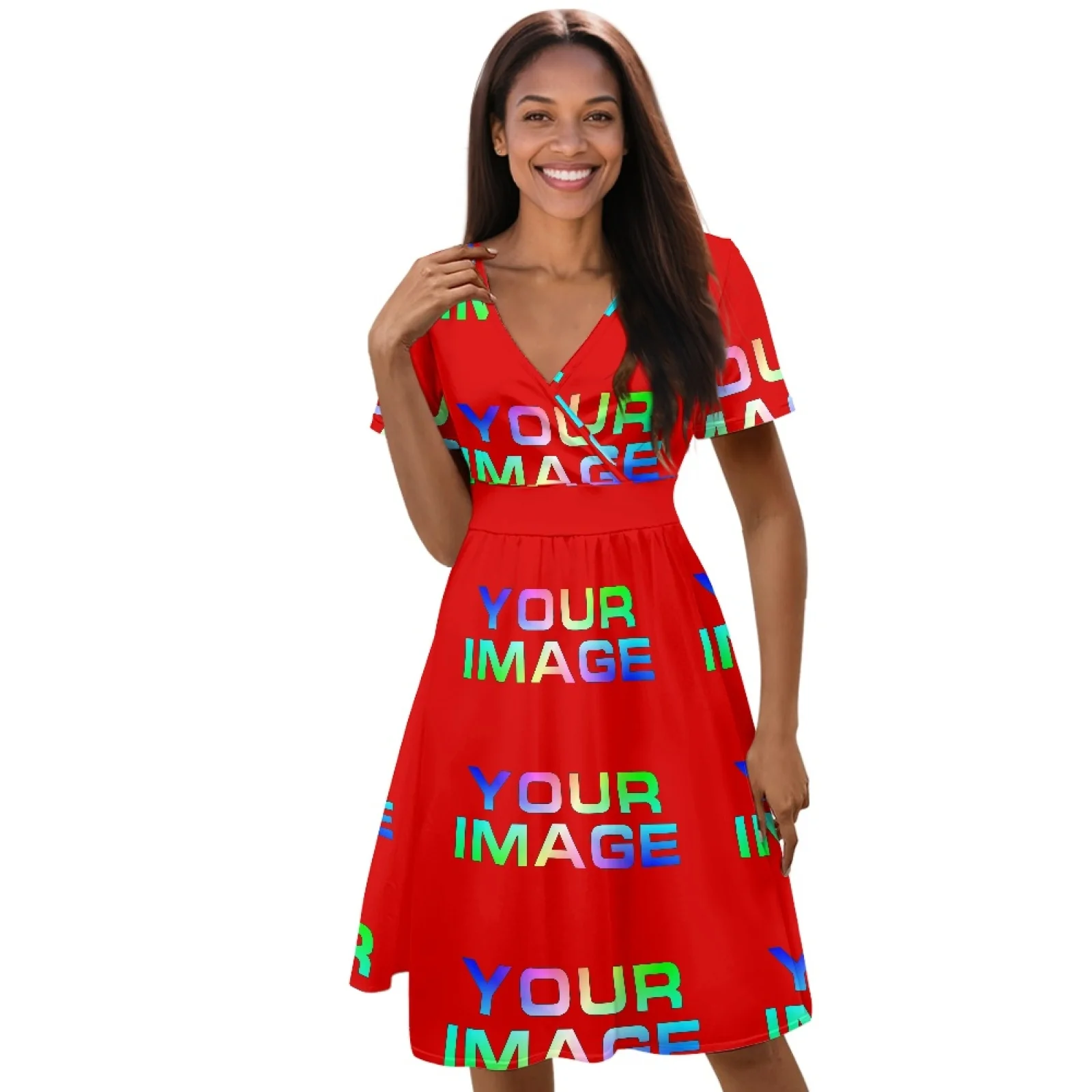 Women Summer Elastic Waist Short Sleeve Elegant Dress Casual Beach V Neck A-Line Mini Dresses Custom Dress Print On Demand view 4