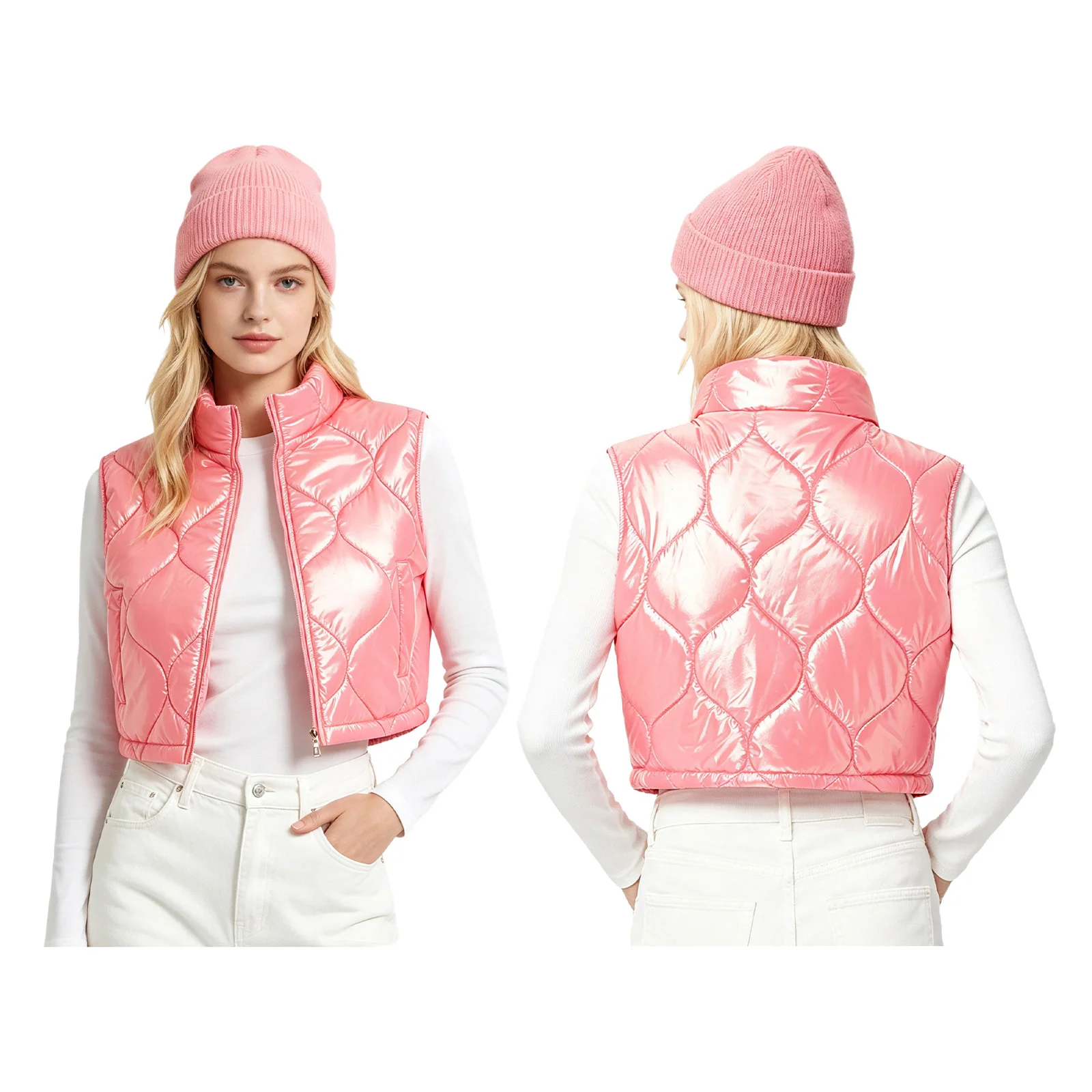 Women Warm Quilted Puffer Crop Vest Padded Jacket Stand Collar Zip-up Tank Top for Winter Sports Skiing Cycling Hiking Running view 3