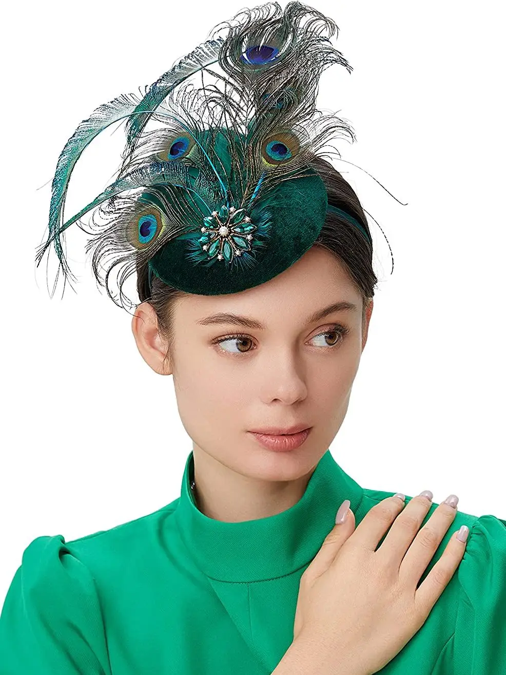 1920s Peacock Feather Fascinators Retro Colorful Rhinestones Inlaid Small Beret Tea Party Head Wear Velvet Fascinator