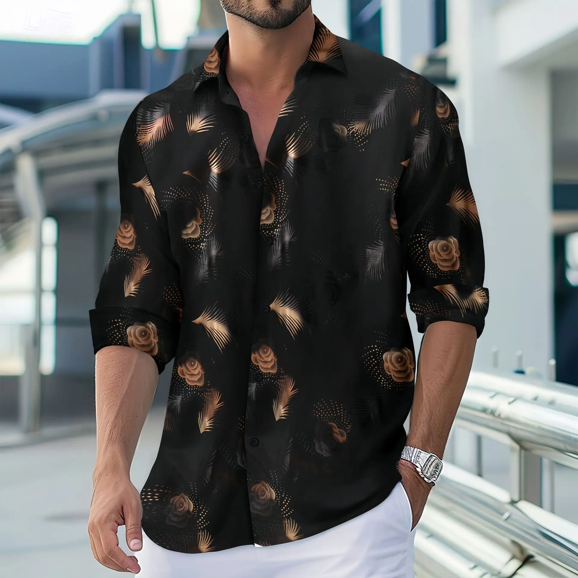 2024 Europe And The United States Explosive New Style Fashion Men\'s Lapel Hot Gold Printing Comfortable Casual Long-Sleeved Shir