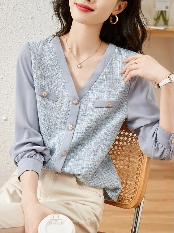 

Ele V-ne Long Sve irt Women's Faion Slimming Patchwork Sle French Chic Autumn Winter New Arrival Top