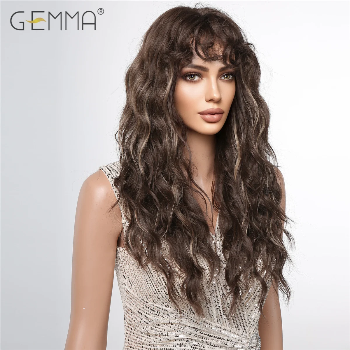 GEMMA Dark Brown Long Curly Synthetic Wig Deep Wave Cosplay Hair Wigs with Wavy Bangs for Women Daily Party Heat Resistant Fibre