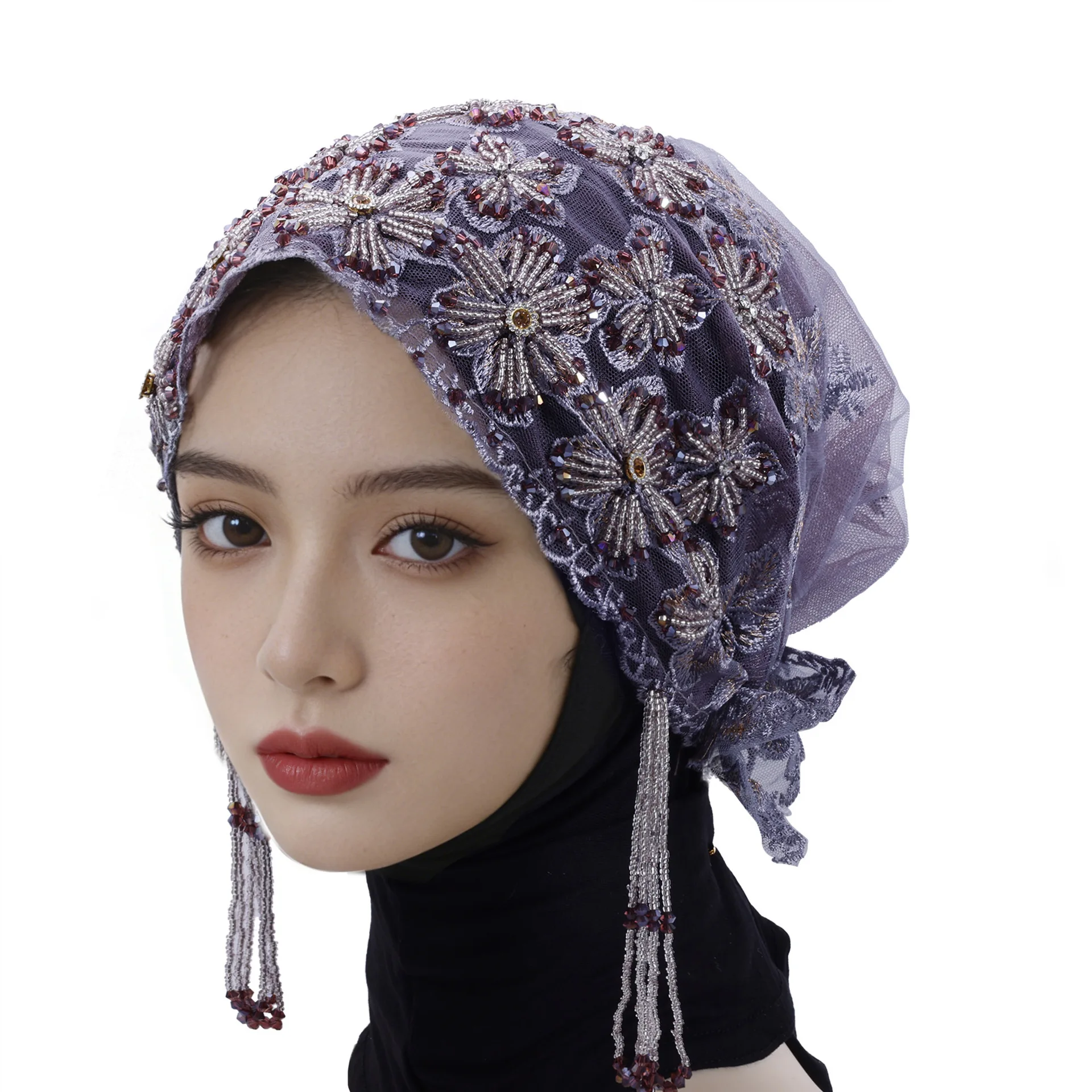 

Heavy Industry Beaded Embroidery Lace Huimin New Tassel Fish Tail Baotou Hat Fashion Foreign Style