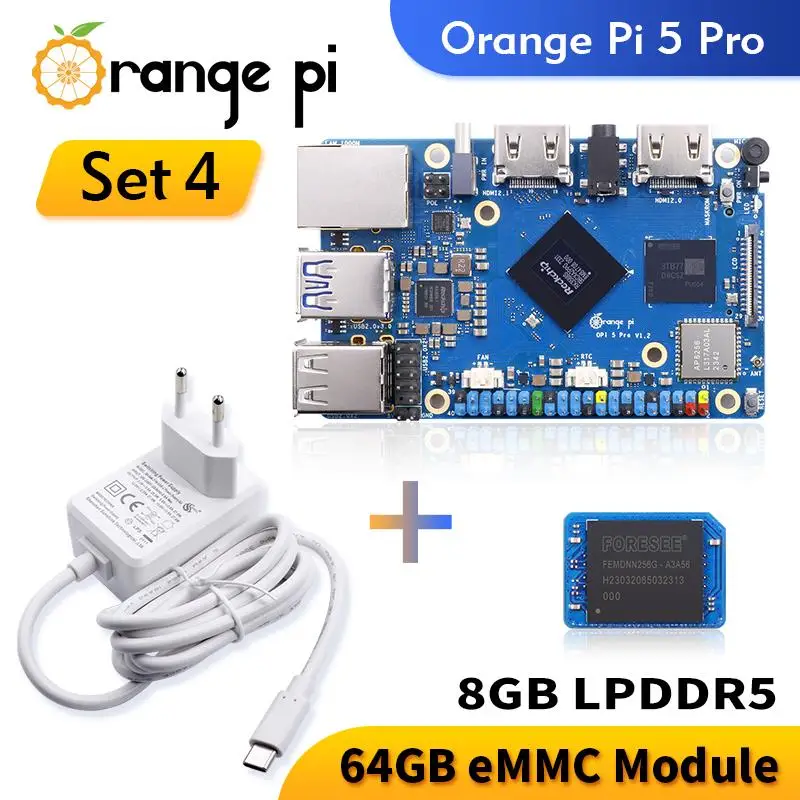 Top Orange Pi 5 Pro 8GB Ram + 64 GB eMMC Module + Power Supply RK3588S LPDDR5 Single Board Computer Wifi5.0-BT5 Development