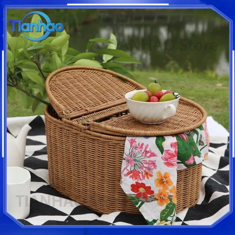 Rattan Picnic Basket with Cover for Camping and Picnic Outings Outdoor Meal Storage Basket