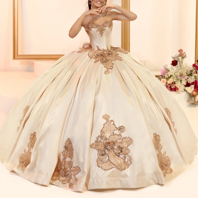 Champagne Quinceanera Dresses Off The Shoulder Applique Lace Beading Crystal Tull Corset Party Birthday Sweet 16 Dress Vestidos