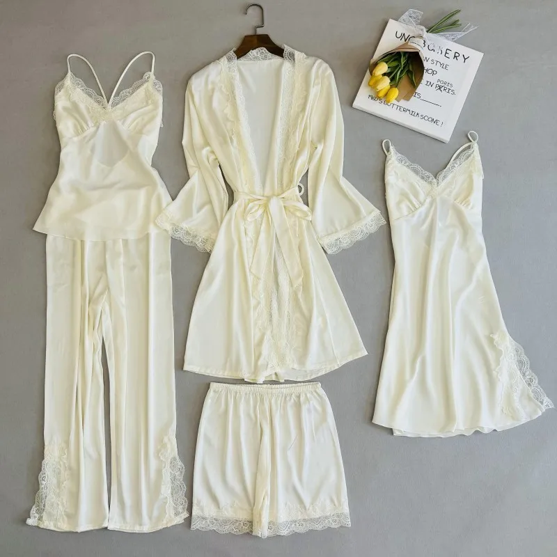 Wedding Bridesmaid Team Pajamas Set Lace Patchwork Home Clothes Ice Silk Pyjamas Suit Women Sleepwear Sexy Cami Top&pants