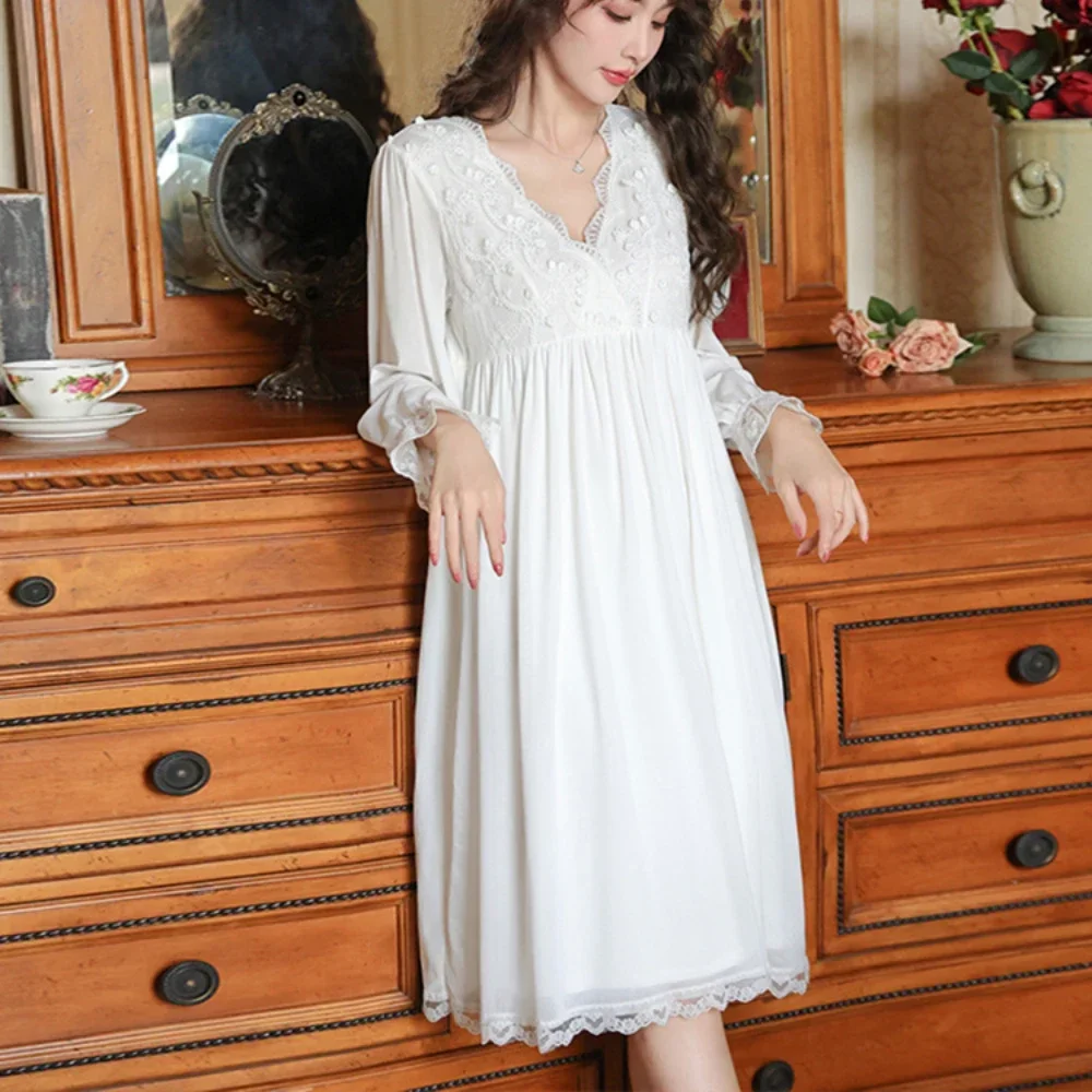 Court Style Elegant Nightdress Pajamas Women's Long Sleeve V-neck Lace Nightgowns White Nightwear Homewear