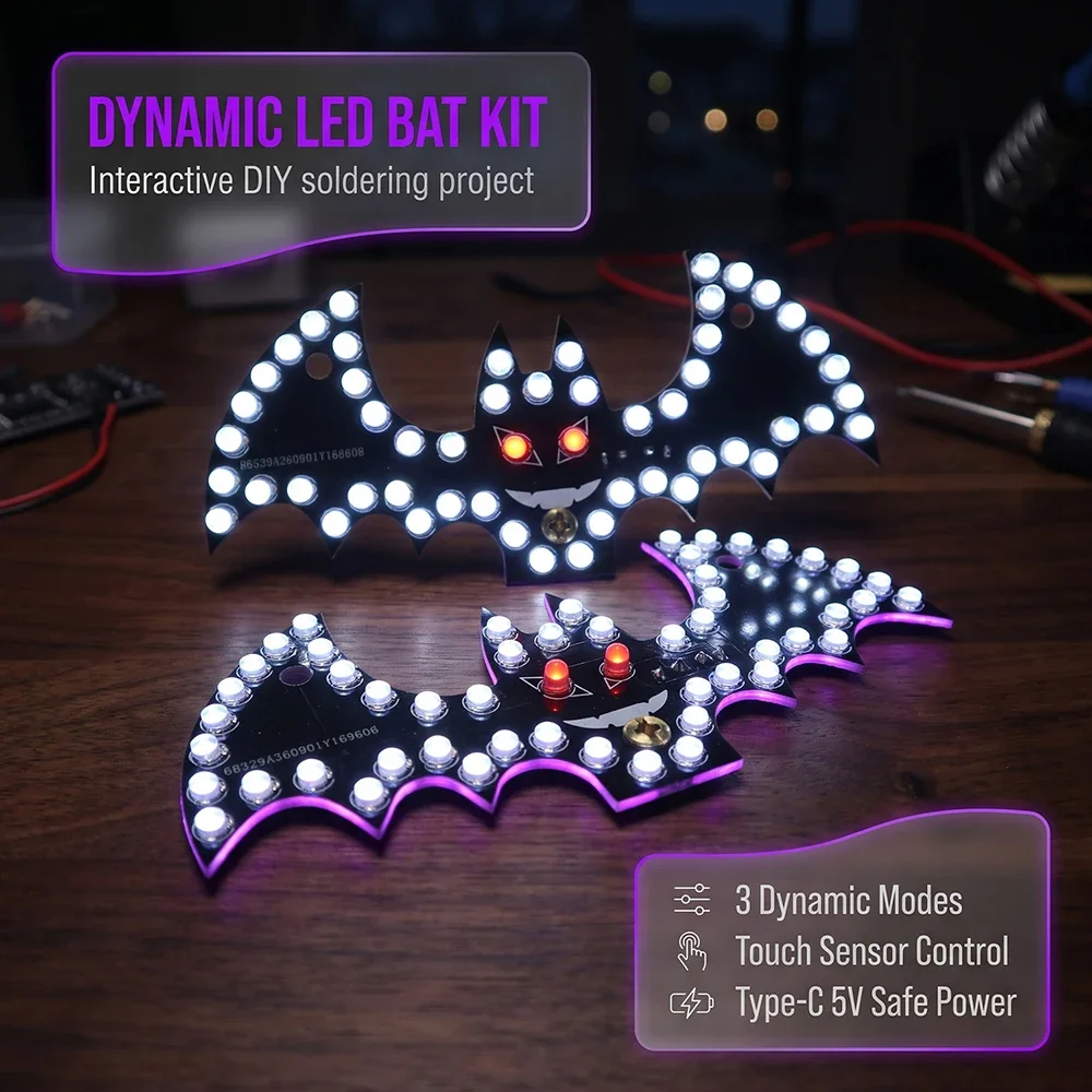 Bat LED Light DIY Electronic Kit Touch Switch Fun Electronic Soldering DIY Kit for Halloween Soldering Practice Type C