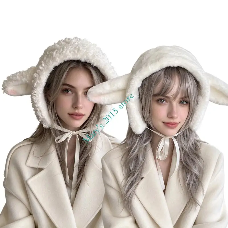 Plush Sheep Ear Warmer Scarf with Integrated Neck Coverage and Ribbon Ties Closure for Routine Winter Cold-Weather Outings