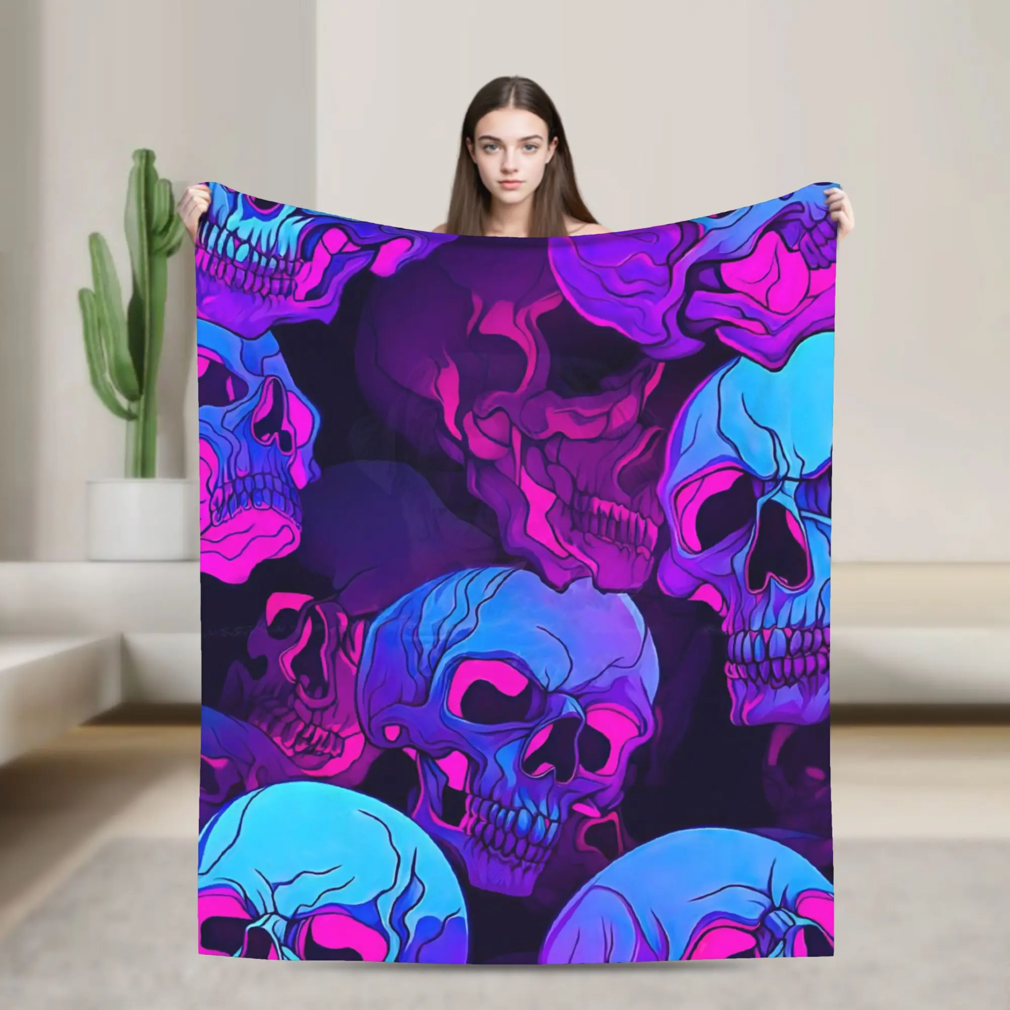 Gothic Skull Coral Fleece Plush Throw Blanket Halloween Psychedelic Blankets for Sofa Office Ultra-Soft Bedding Throws